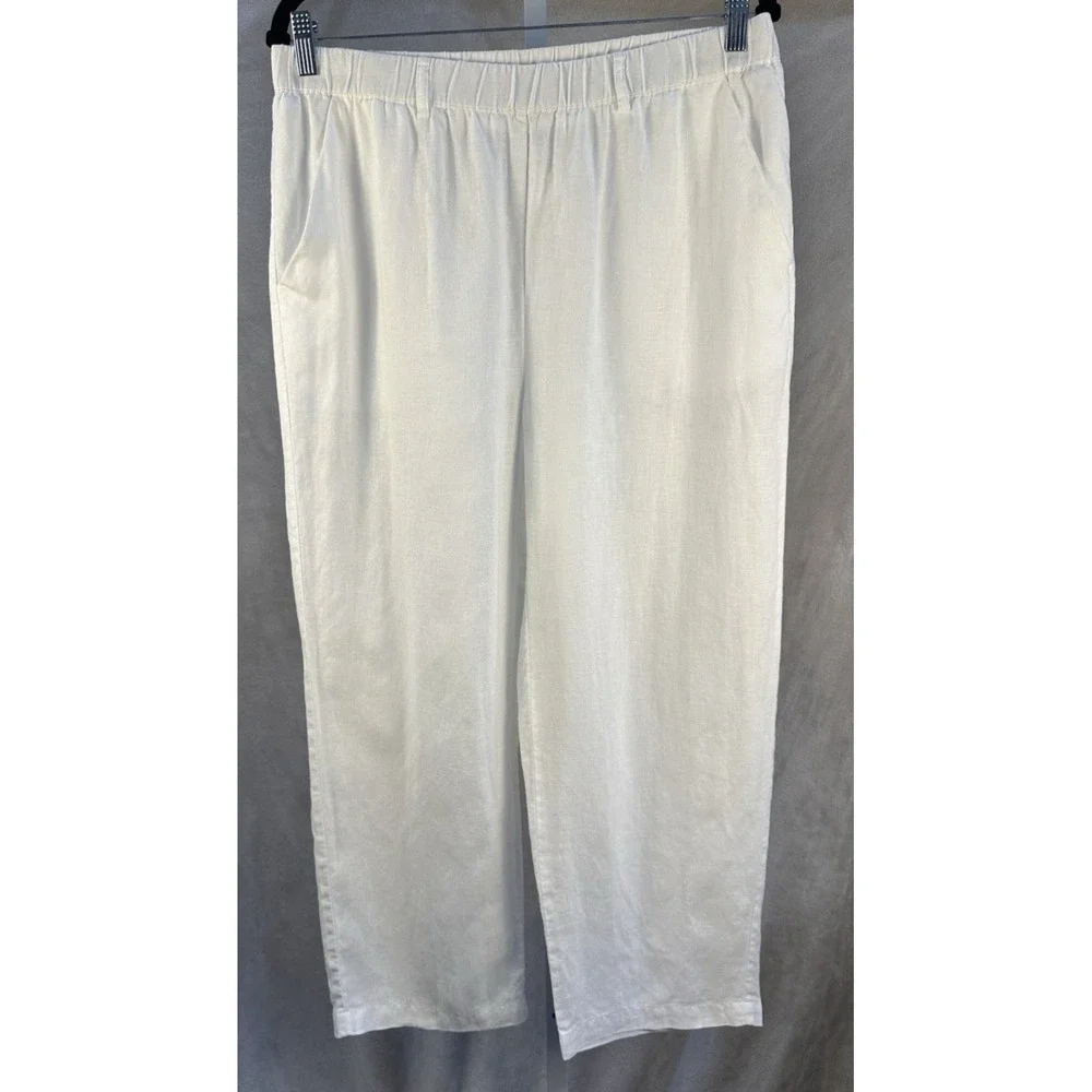 Quince 100% European Linen Pull On White Pants Size L Wide Leg Coastal Boho Chic